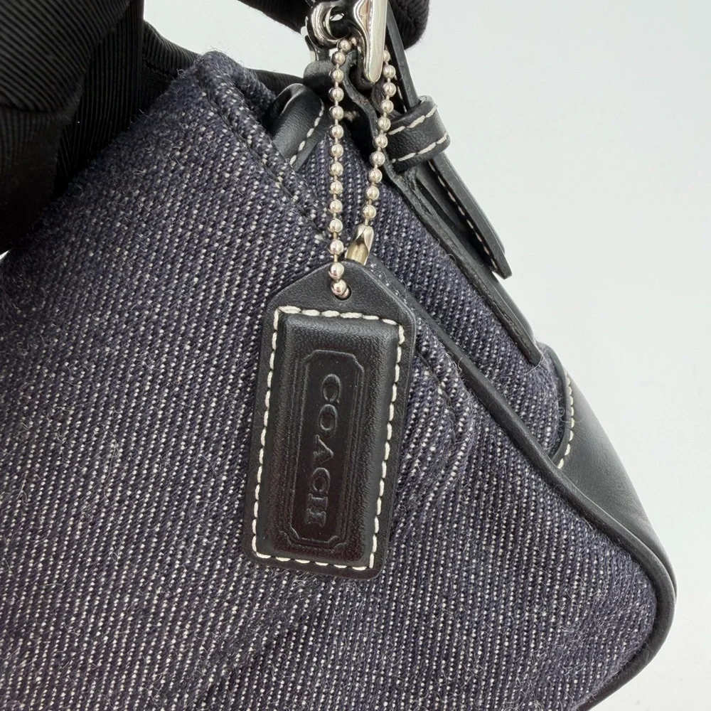 Vintage Coach E0J-7763 Black Denim Wool Flap Shoulder Bag Y2K Baguette Buckle